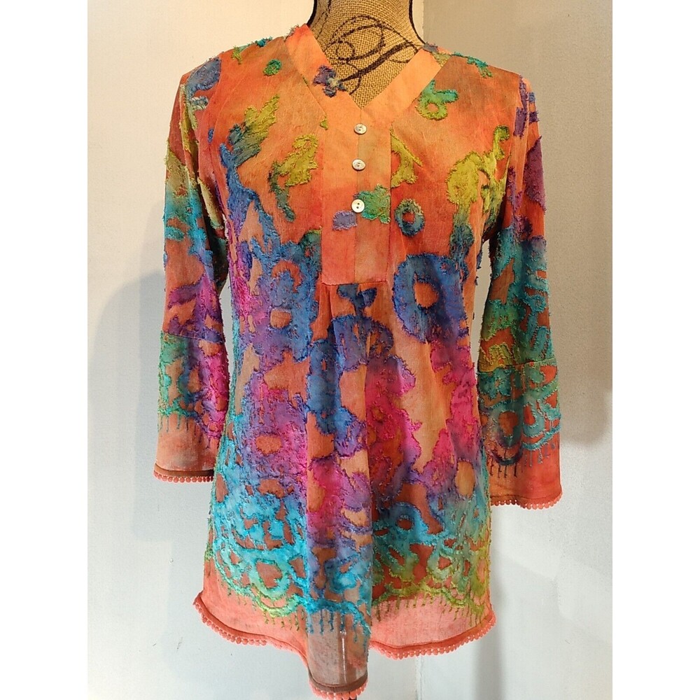 Paris Hues Women Orange Floral Semi Sheer Fringe Button Design Top Size S‎